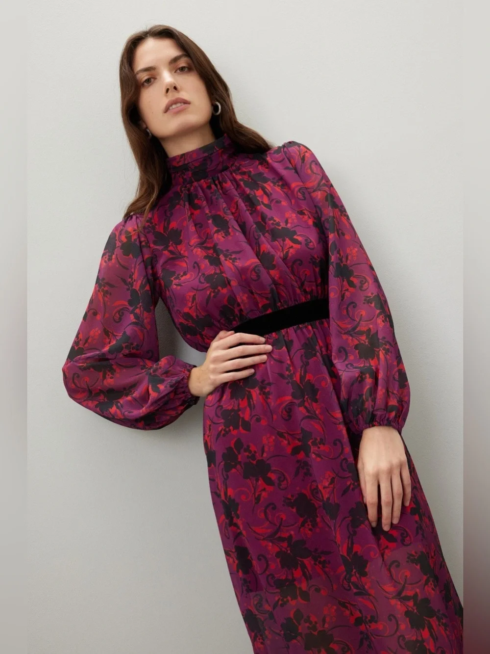 Floral Print High-Neck Long Sleeve Maxi Dress - Purple - Picture 2 of 9